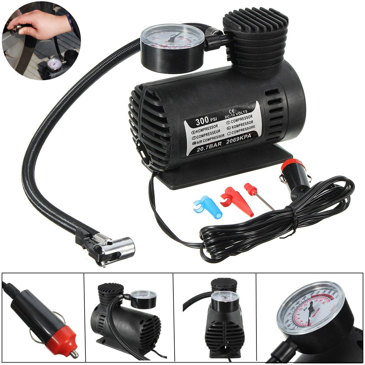 12V 300 PSI Electric Portable Car Air Pump Multifunctional Metal Cylinder Air Pump Car Tire Pump