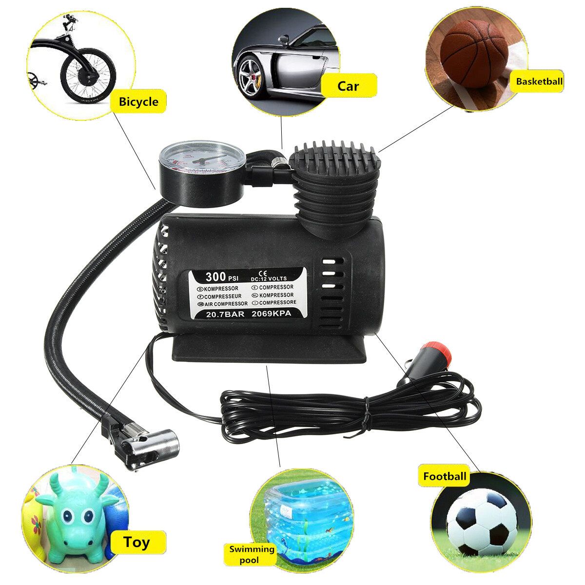 12V 300 PSI Electric Portable Car Air Pump Multifunctional Metal Cylinder Air Pump Car Tire Pump