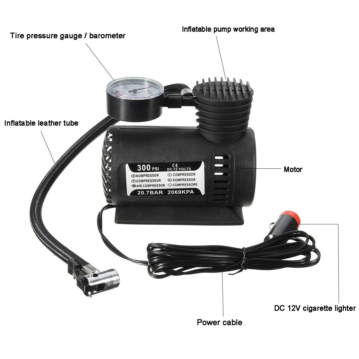 12V 300 PSI Electric Portable Car Air Pump Multifunctional Metal Cylinder Air Pump Car Tire Pump