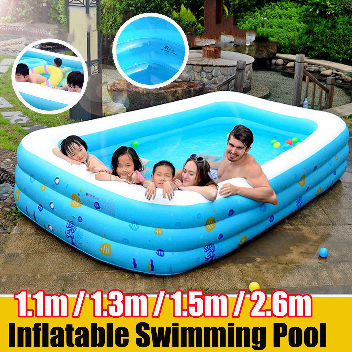 2.6M/1.5M/1.3M/1.1M For 1-5 Persons Kids Large Inflatable Swimming Pool Adult Family Lounge Water Play Fun Backyard Bathing Tub Blue 1.3M