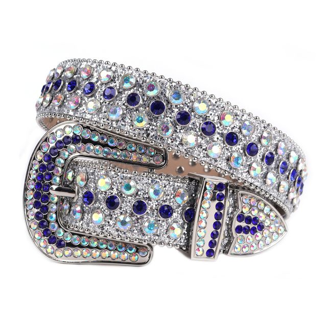 Western Cowgirl Cowboy Bling Bling Rhinestones Belt Quality Studded Belt For Women Men Fashion Cinto De Strass Ceinture Femme(#Sliver Blue)