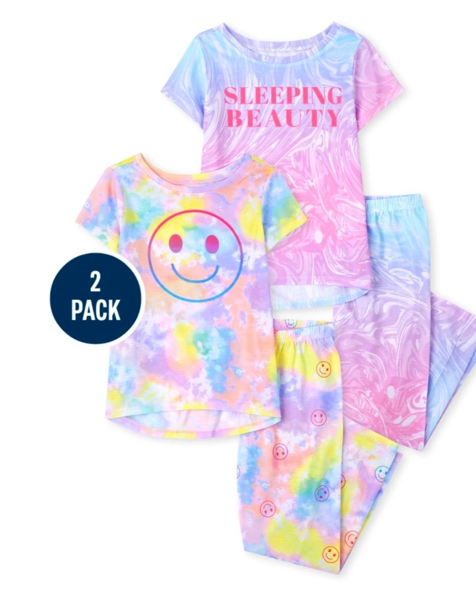 Girls Smilie Sleeping Beauty Tie Dye Snug Fit Cotton Pyjamas Sleepwear 2 In 1