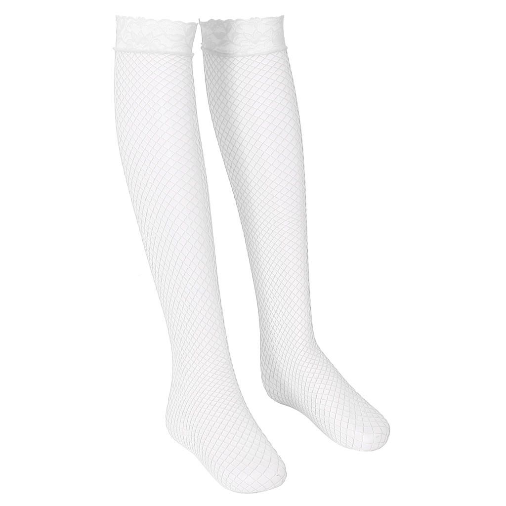 Women Fishnet Lace Top Mesh High Thigh Stockings Long Socks White
