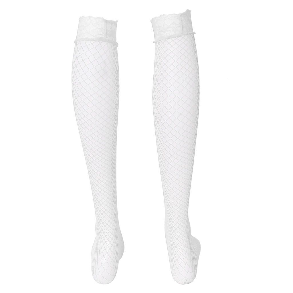 Women Fishnet Lace Top Mesh High Thigh Stockings Long Socks White