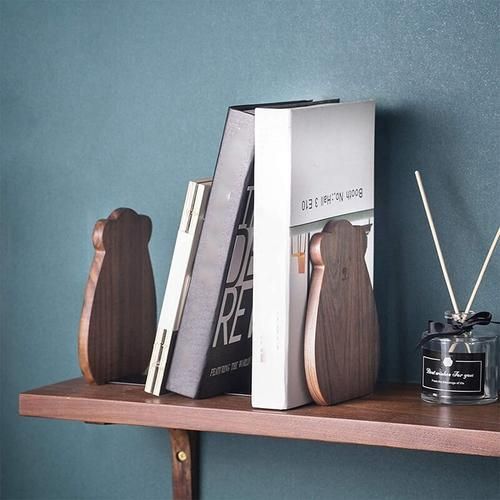 Bookends For Shelves, Decorative Book Ends For Children, Non Skip Wooden Bookends For Office/Home/School(Walnut 1 Pair)