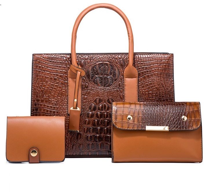 3Set Ladies Trendy Fashion Shoulder Leather Handbag - Brown
