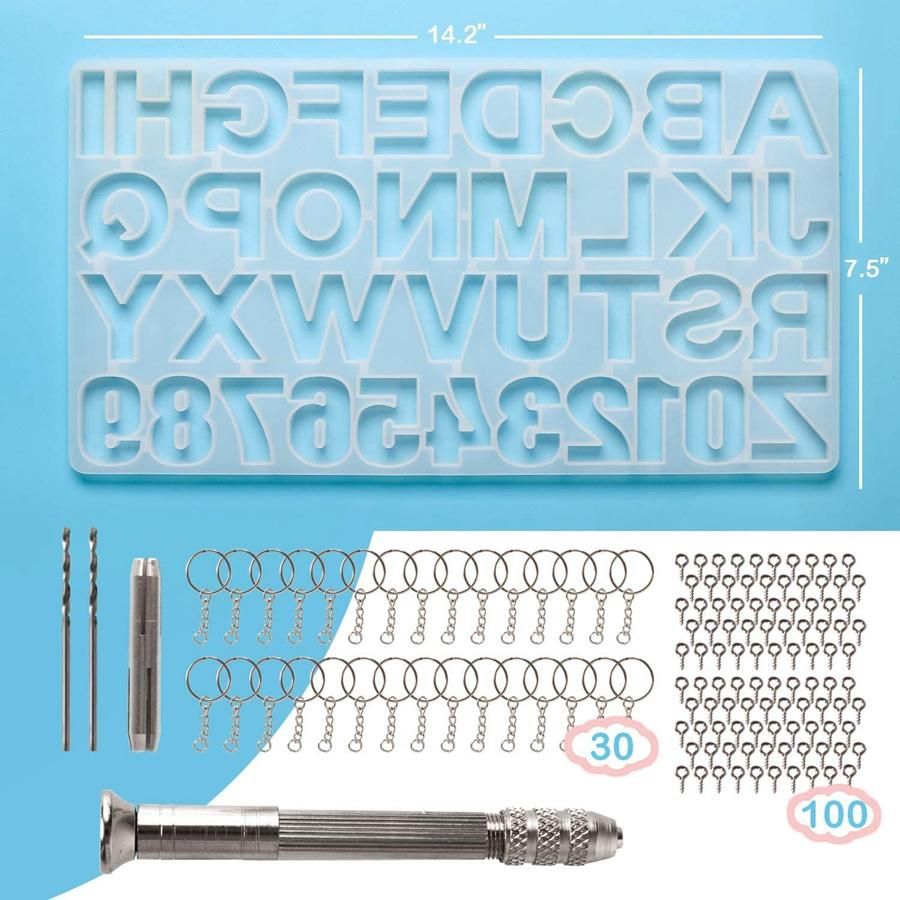 Epoxy Casting Mold Set Include 1x Hand Drill 2x Drill Bits 30x Keyrings 100x Screw Pins for Making DIY Resin Supplies