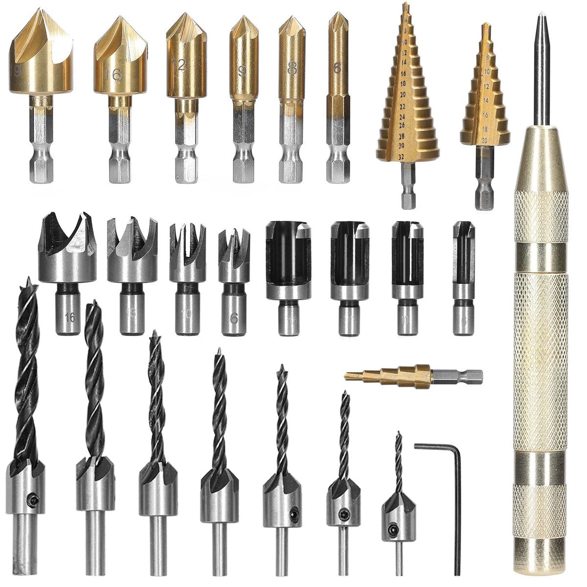 26pcs Woodworking Chamfer Drilling Tools Drill Bits Set Wood Plug Cutter Three Pointed Countersink Drill Bits Kits Wood Drilling Tool