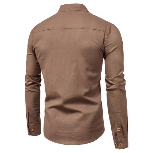 Men's Breathable Cotton Long Sleeve Henleys Plain Stand Collar Slim Shirt -Brown