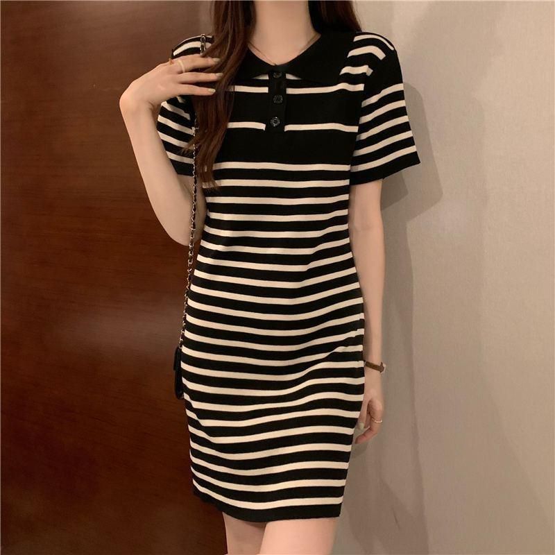 Summer New Polo Neck Knitted Stripe Short Sleeve T-shirt Dress Women's French Sweet and Unique Slim
