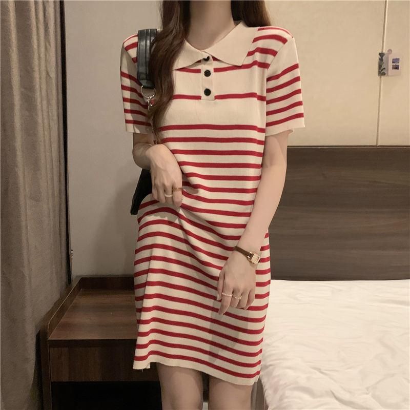 Summer New Polo Neck Knitted Stripe Short Sleeve T-shirt Dress Women's French Sweet and Unique Slim