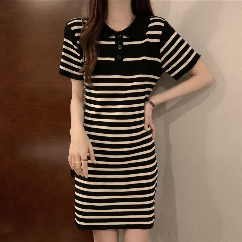 Summer New Polo Neck Knitted Stripe Short Sleeve T-shirt Dress Women's French Sweet and Unique Slim