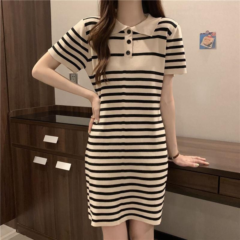 Summer New Polo Neck Knitted Stripe Short Sleeve T-shirt Dress Women's French Sweet and Unique Slim