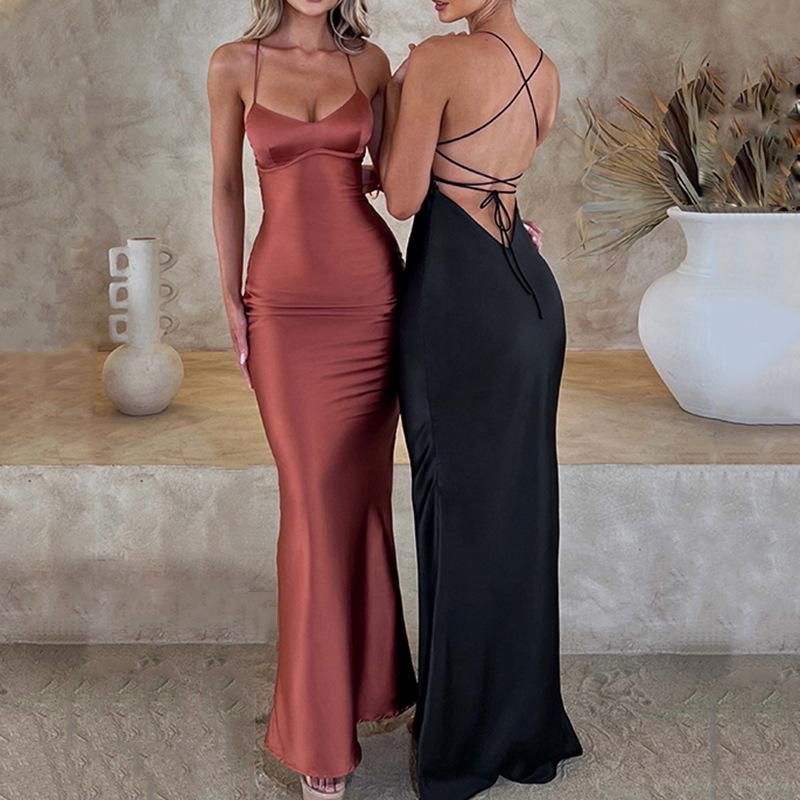 Women's Sexy Strap Satin Dress Autumn New Fashion Open Back Strap Waist Long Dress