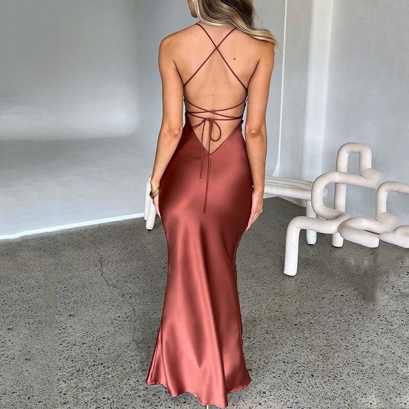 Women's Sexy Strap Satin Dress Autumn New Fashion Open Back Strap Waist Long Dress