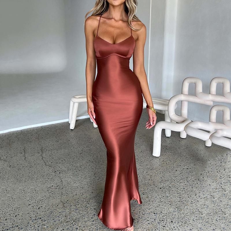 Women's Sexy Strap Satin Dress Autumn New Fashion Open Back Strap Waist Long Dress