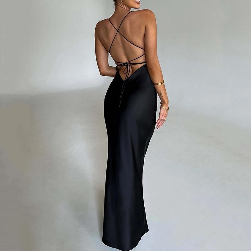 Women's Sexy Strap Satin Dress Autumn New Fashion Open Back Strap Waist Long Dress