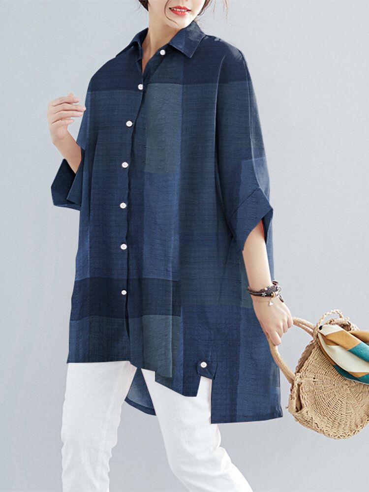 Women Plaid High Low Hem Wide Sleeves Button Down Front Shirt-Navy