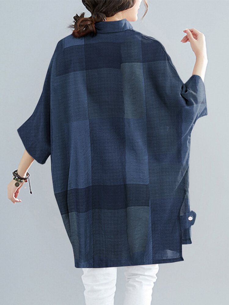 Women Plaid High Low Hem Wide Sleeves Button Down Front Shirt-Navy