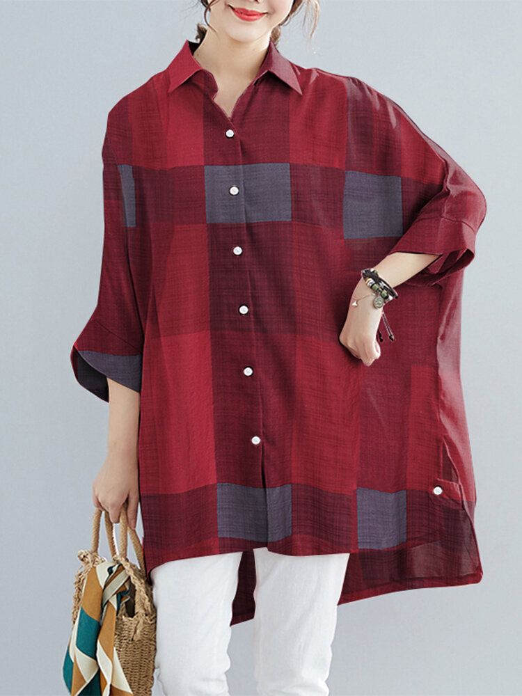 Women Plaid High Low Hem Wide Sleeves Button Down Front Shirt-Navy