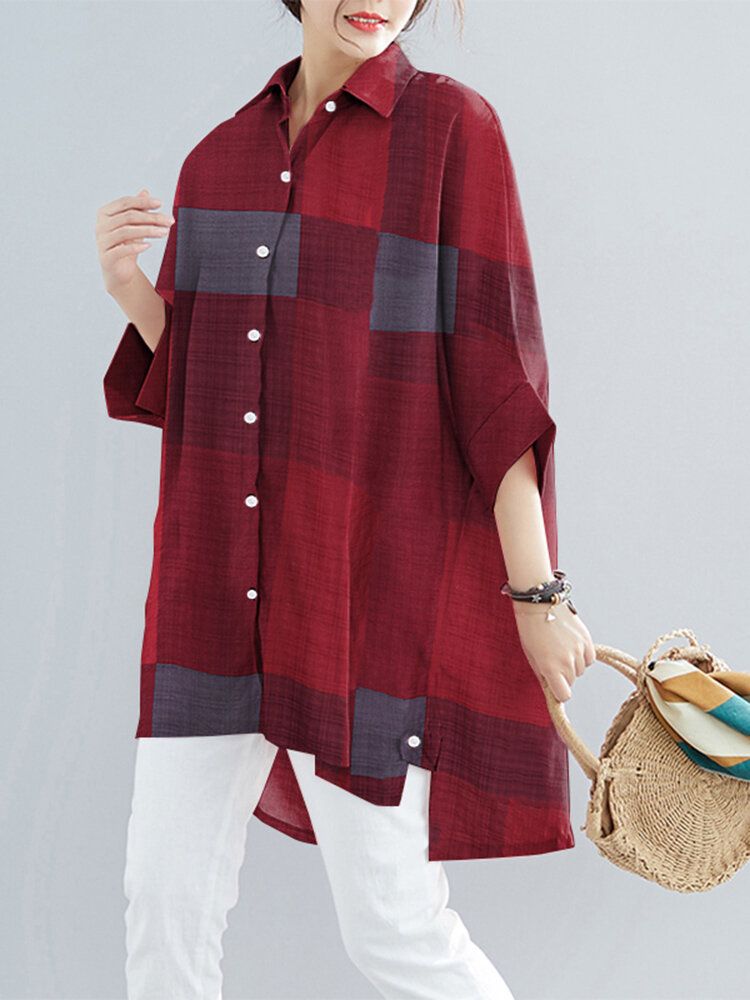Women Plaid High Low Hem Wide Sleeves Button Down Front Shirt-Navy