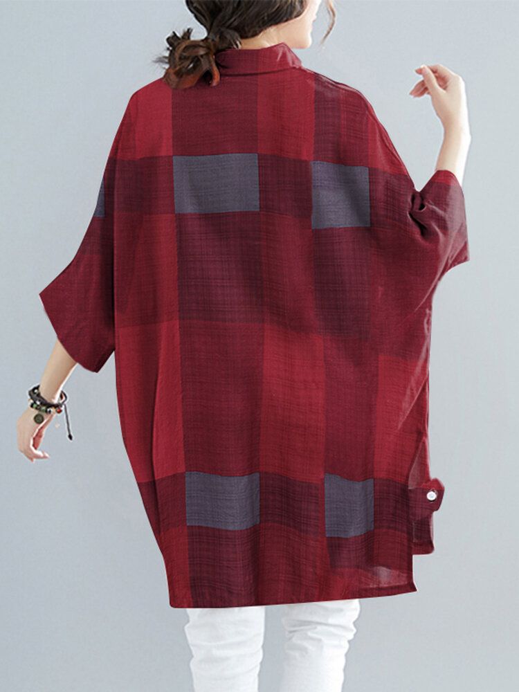 Women Plaid High Low Hem Wide Sleeves Button Down Front Shirt-Navy