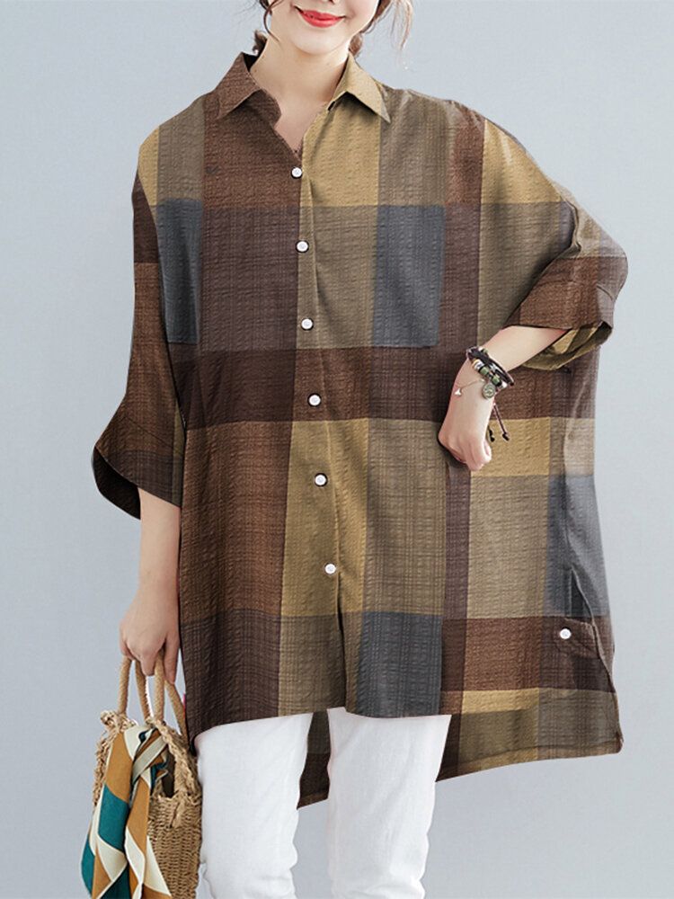 Women Plaid High Low Hem Wide Sleeves Button Down Front Shirt-Navy