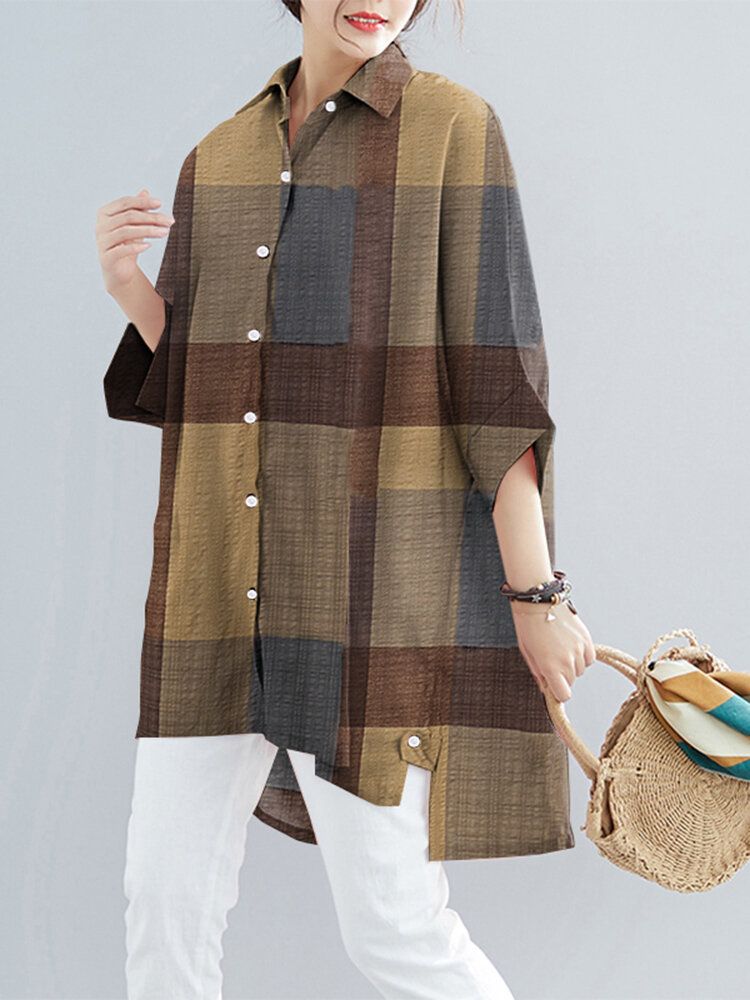 Women Plaid High Low Hem Wide Sleeves Button Down Front Shirt-Navy