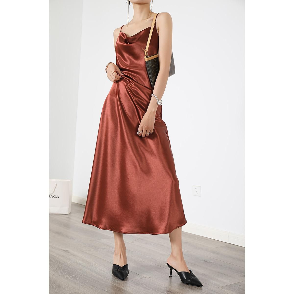 XS Small Large 4XL Acetic Acid Slim Fit Waist A Line Skirt Swing Neck Oblique Cut Dress Women's