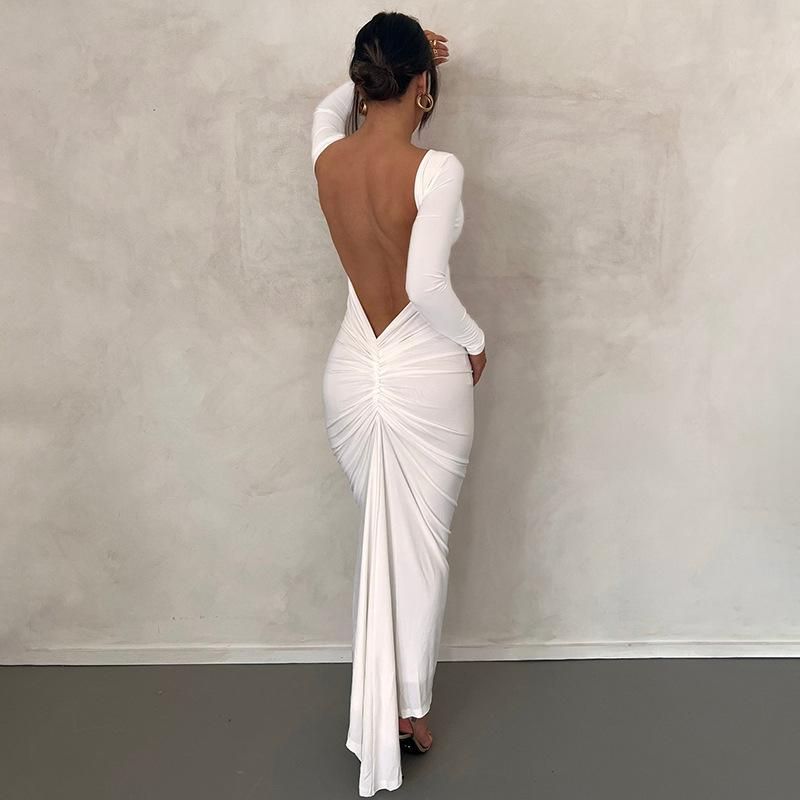X22DS568 Women's Autumn New Solid Color Casual Long Sleeve Open Back Pleated Slim Fit Dress