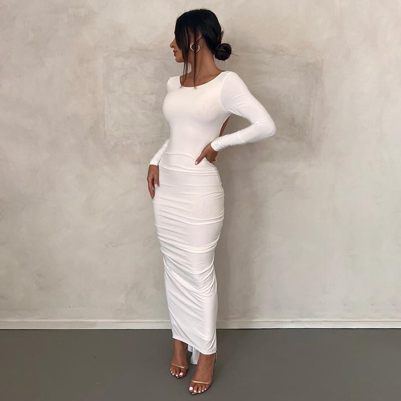 X22DS568 Women's Autumn New Solid Color Casual Long Sleeve Open Back Pleated Slim Fit Dress