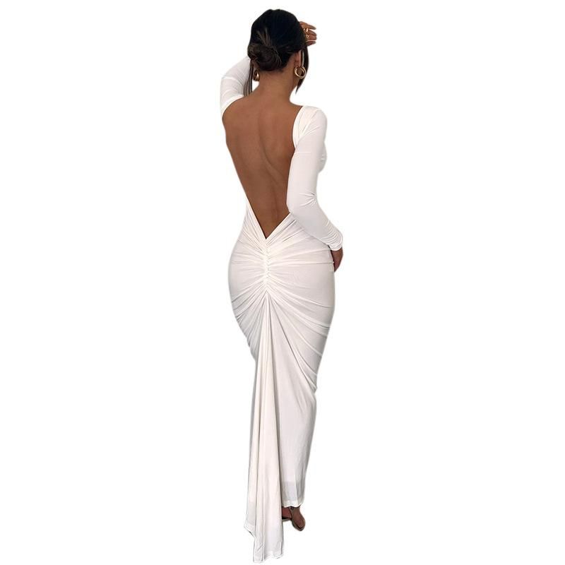X22DS568 Women's Autumn New Solid Color Casual Long Sleeve Open Back Pleated Slim Fit Dress