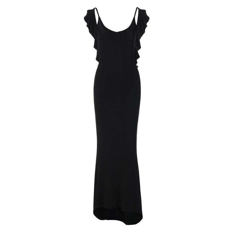 Spliced Wooden Ear Edge Long Dress Open Back V-Neck Tight Wrap Hip Strap Dress Sexy Pleated