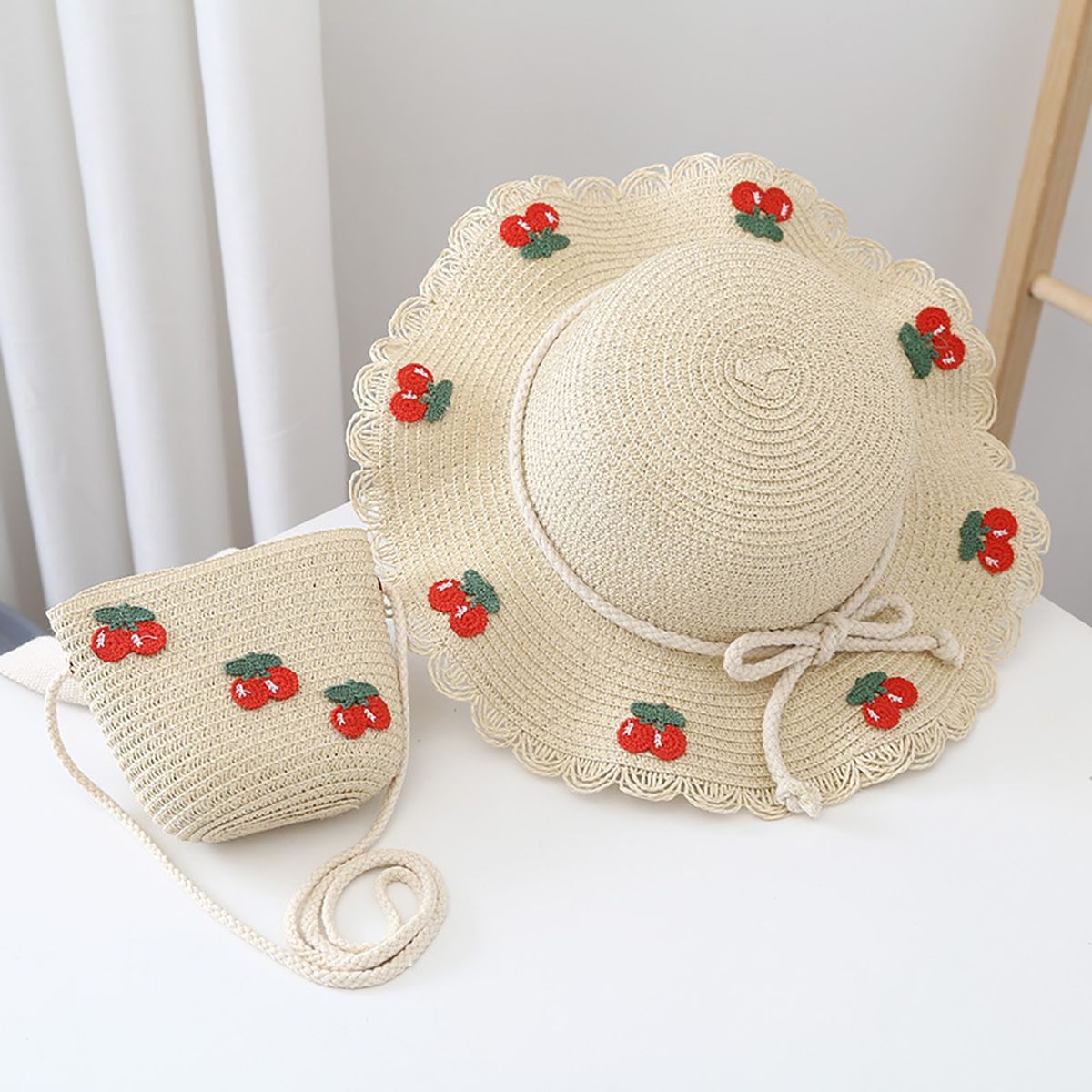Hat Bag Set Baby Girls Breathable Straw Hat Handbag Beige