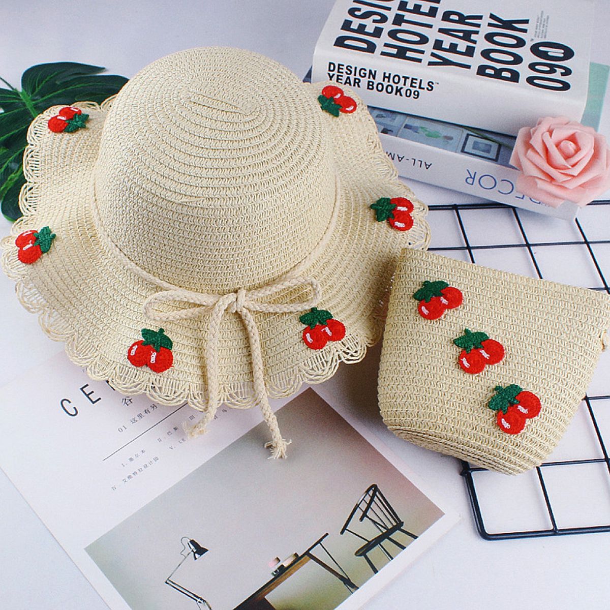 Hat Bag Set Baby Girls Breathable Straw Hat Handbag Beige