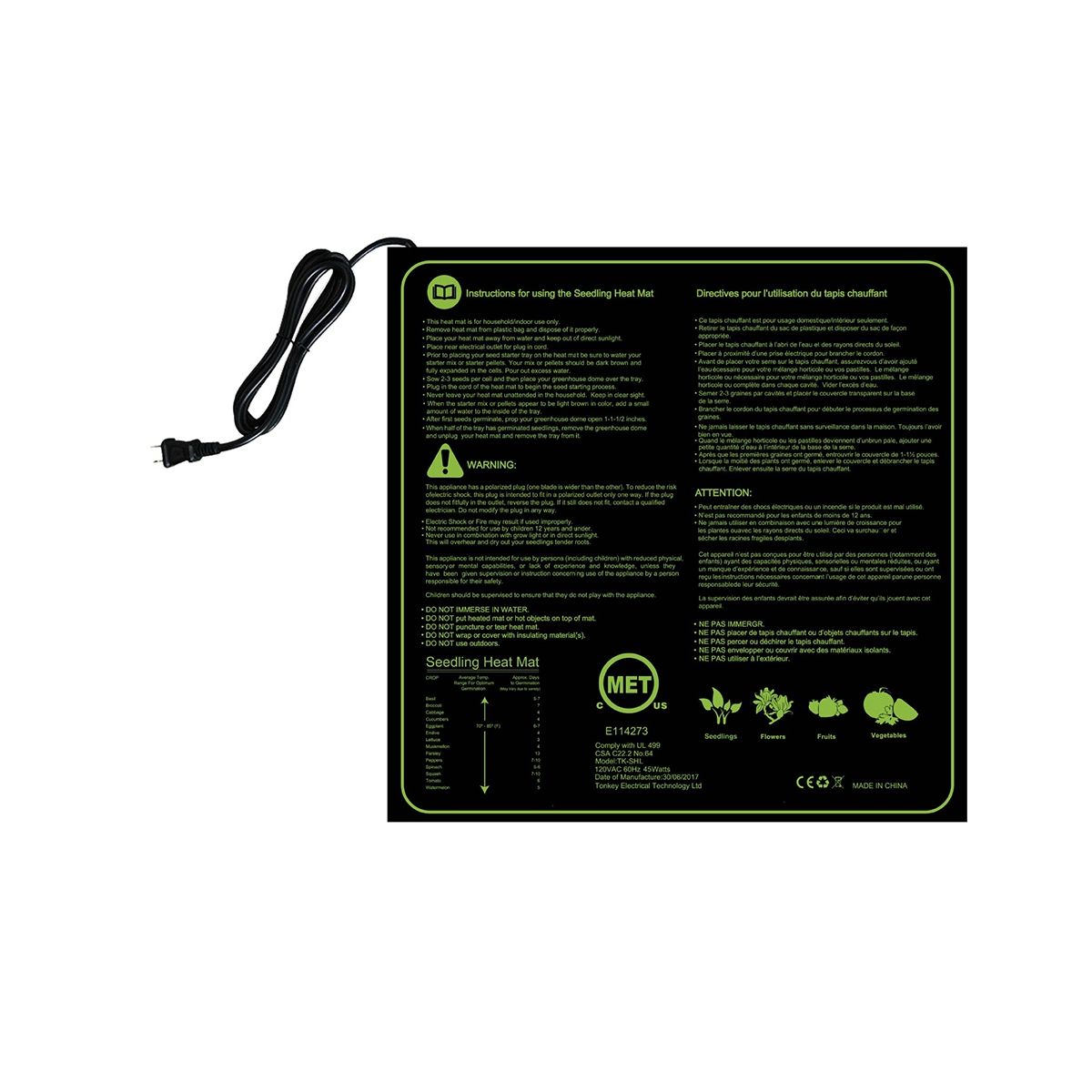 Durable Waterproof ling Heat Mat Warm Hydroponic Heating Pad 20inch x 20inch MET Standard UK Plug