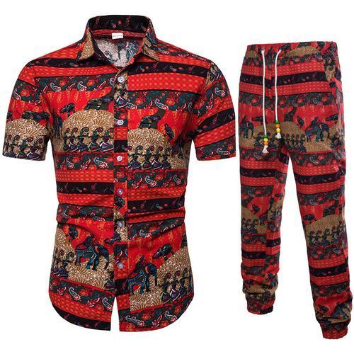 2 In 1 Men's Handsome Flower  Short Sleeve Shirt Trousers