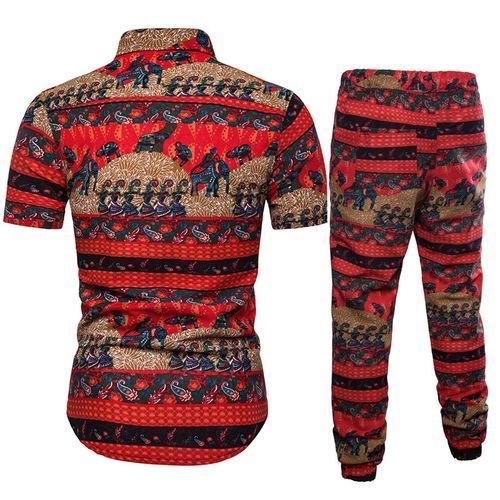 2 In 1 Men's Handsome Flower  Short Sleeve Shirt Trousers