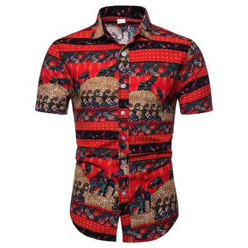 2 In 1 Men's Handsome Flower  Short Sleeve Shirt Trousers