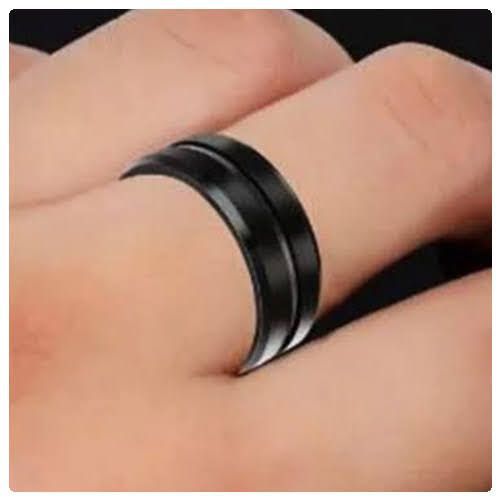 Unisex Black Colour Beveled Middle Grooved Frosted Stainless Steel Ring
