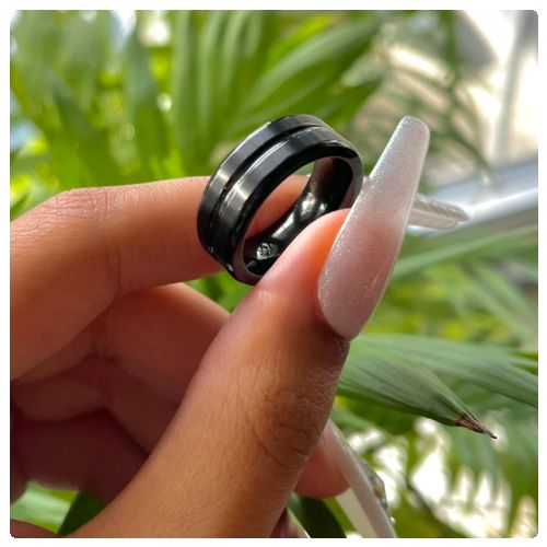 Unisex Black Colour Beveled Middle Grooved Frosted Stainless Steel Ring