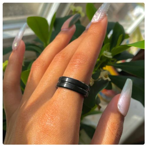 Unisex Black Colour Beveled Middle Grooved Frosted Stainless Steel Ring