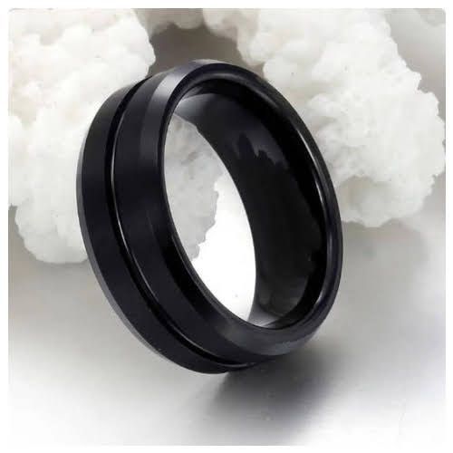 Unisex Black Colour Beveled Middle Grooved Frosted Stainless Steel Ring