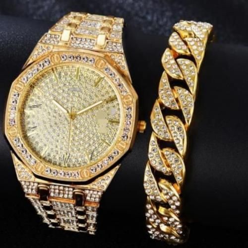 Men Gold Watch + Cuban Handchain