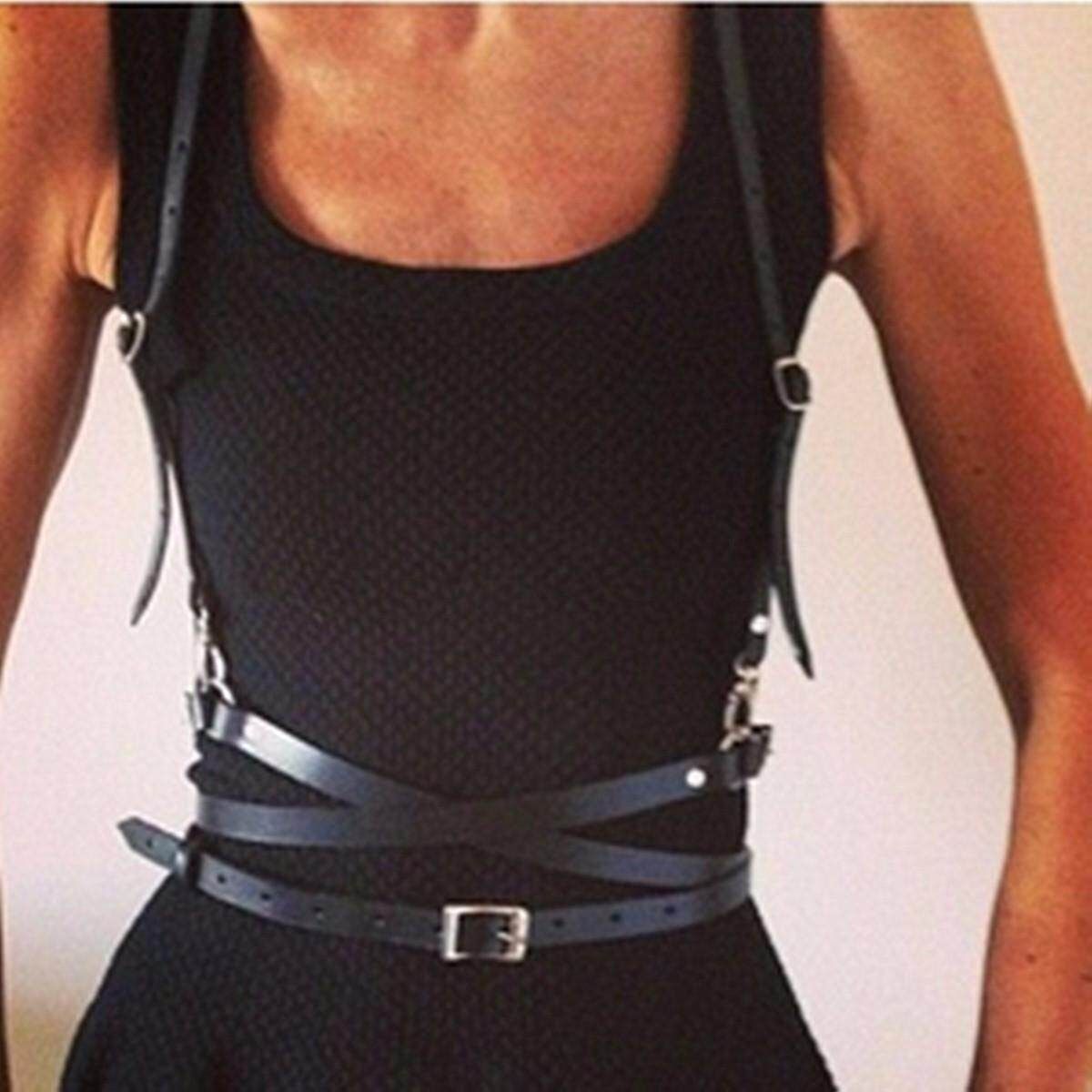 Harness Gothic Lolita Woman Body Corset Faux Handmade Leather Suspenders