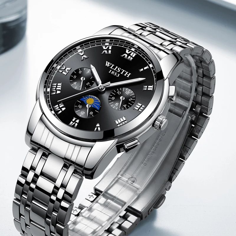 Male Luxury Waterproof Steel Silver Wristwatch