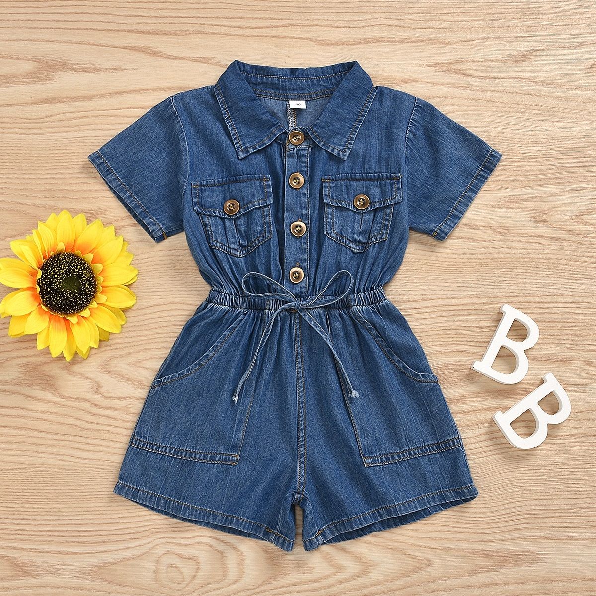Casual Short-sleeved One-piece Children Denim Shorts Cotton (Color:Blue Size:90)