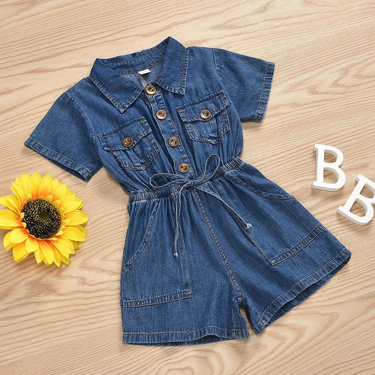 Casual Short-sleeved One-piece Children Denim Shorts Cotton (Color:Blue Size:90)