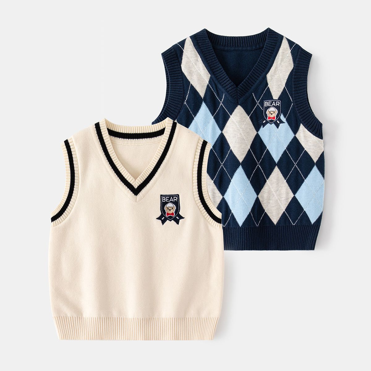 Spring Autumn Cotton Kids Plaid Pullover Sleeveless Sweaters Boys Vest-Navy