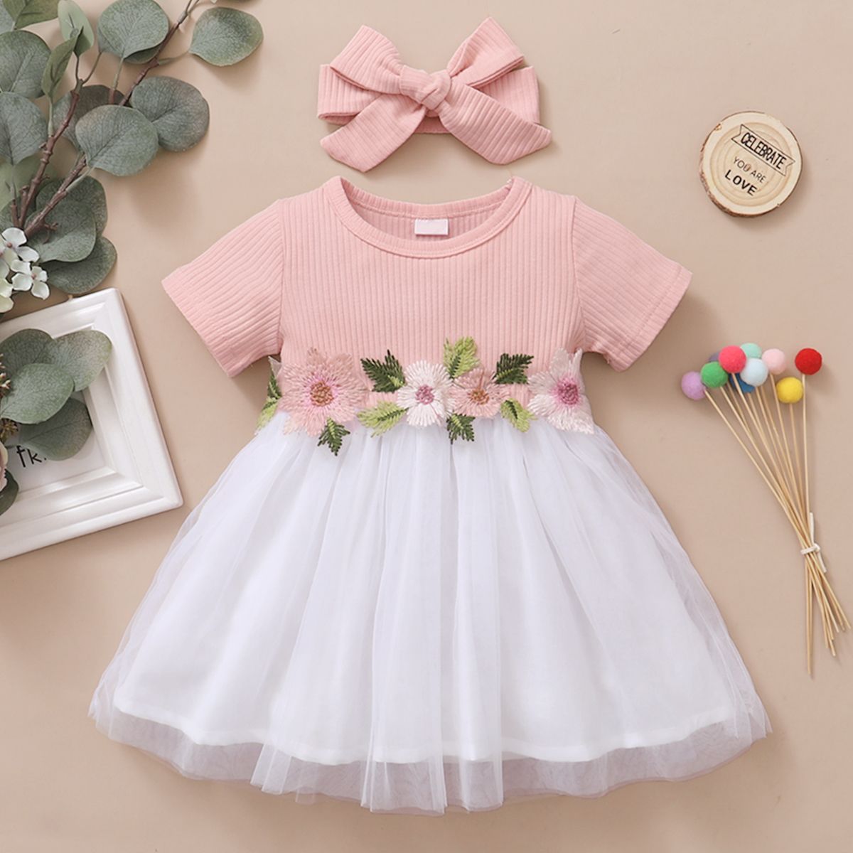 Baby Girls Dress Short Sleeves Embroidery Flowers Tulle Dress With Headband
